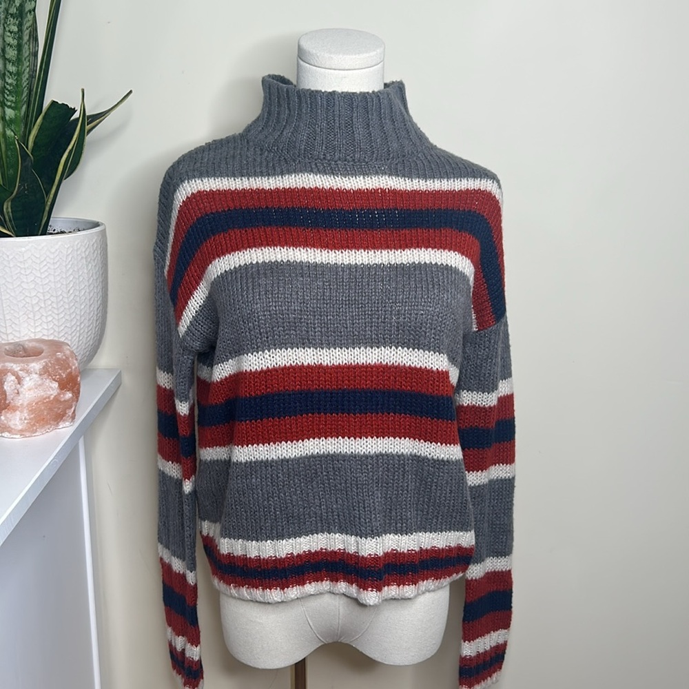 Kismet Knit mock neck sweater blue white red grey striped small